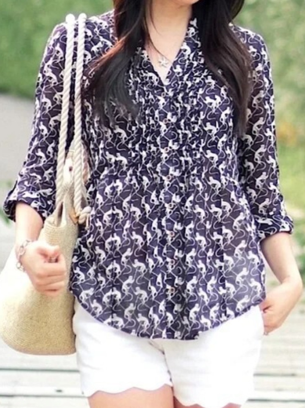 Anthropologie Maeve Monkey Print Pintuck Button Down Blouse Roll Tab Sleeve Sz 8